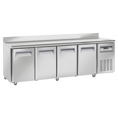 Table frigorifique, ventilé, 4 portes GN 1/1, avec dosseret, sur roues, 2 avec freins WR-GTN4-3ND